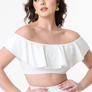 Unique Vintage 1950s White Ruffled Ramona Swim Top